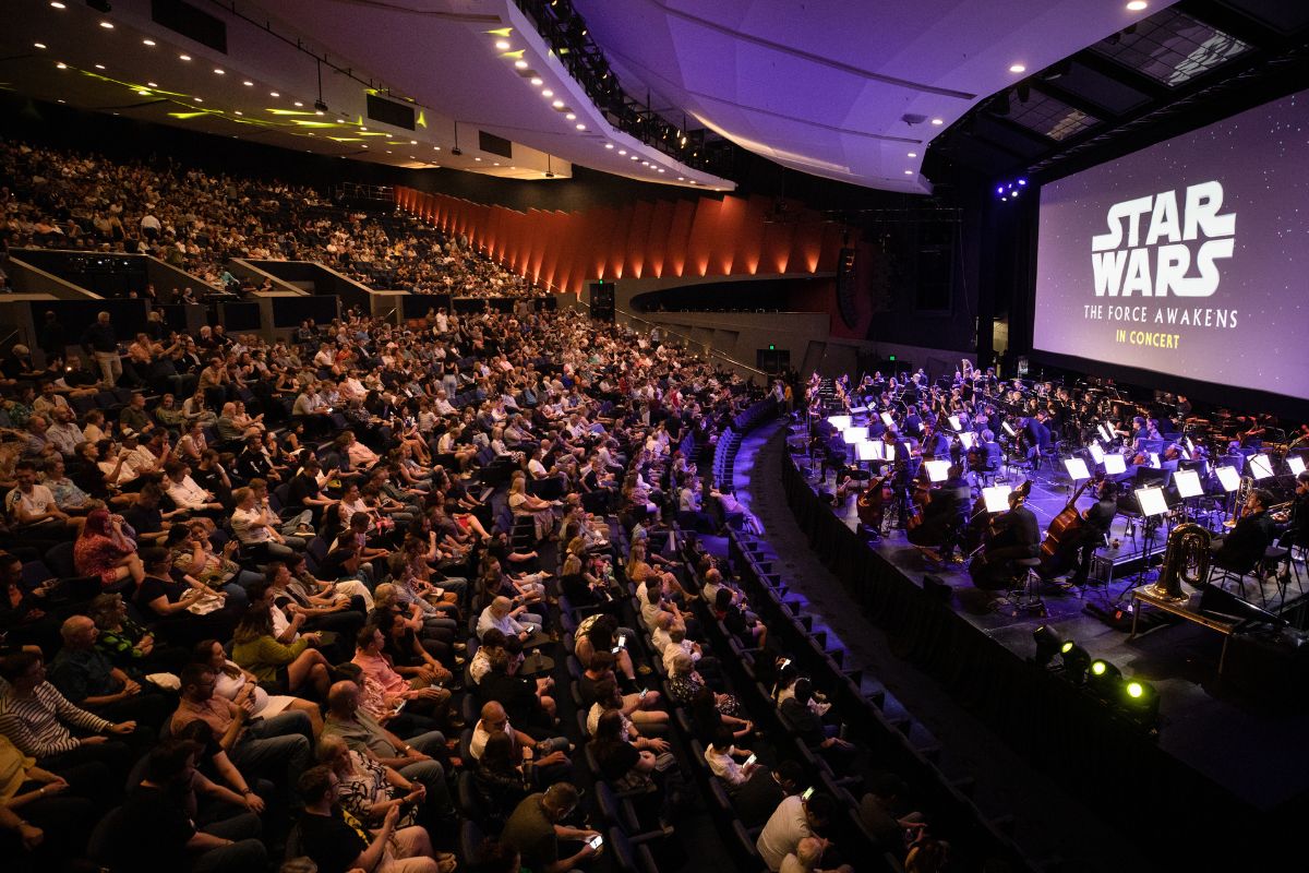 WASO performs the music from Star Wars to a full audience at Riverside Theatre, while the film is projected on a large screen.