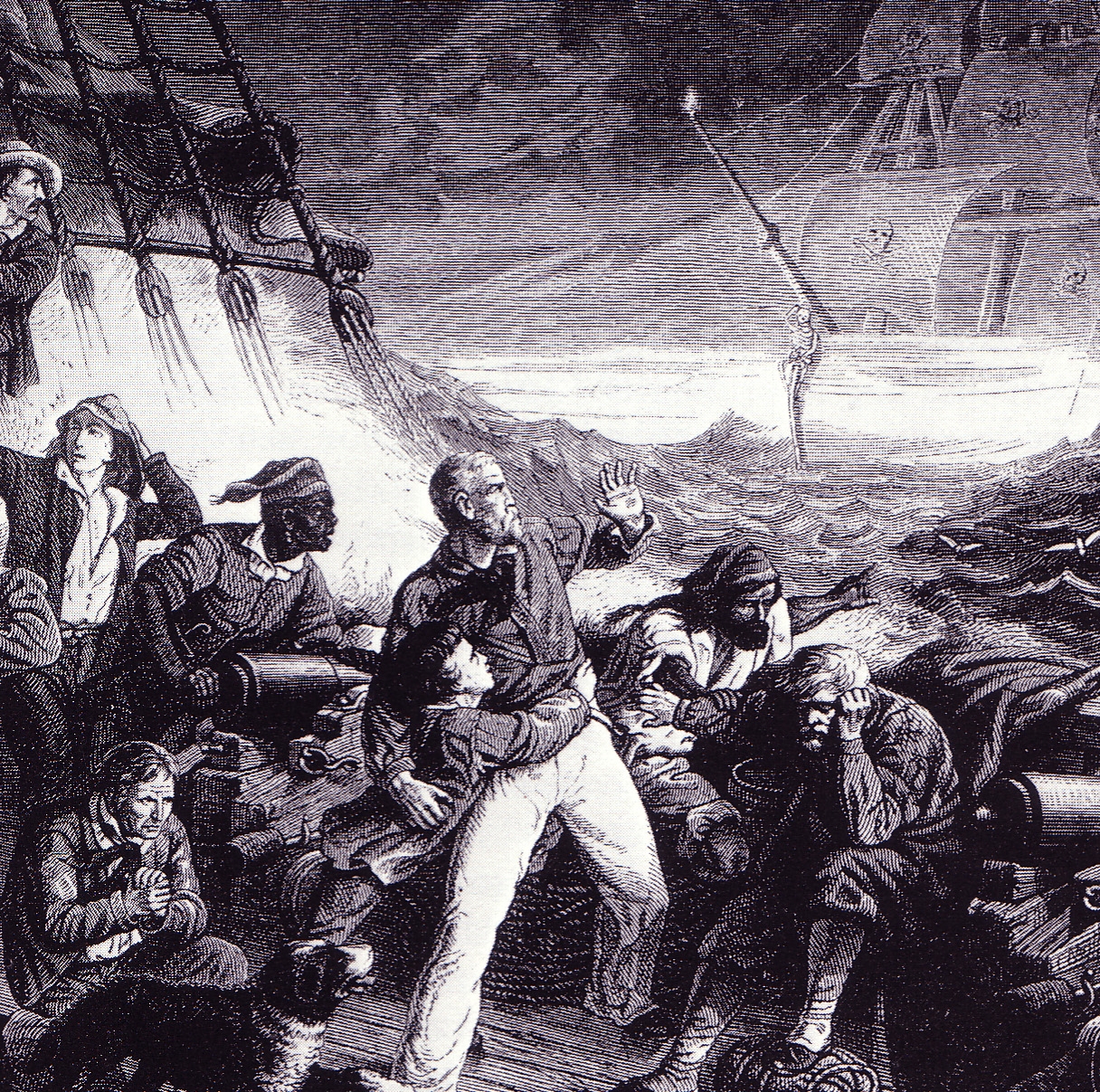 Illustration: The ghostly ship of the Dutchman appears to the Norwegian sailors.
