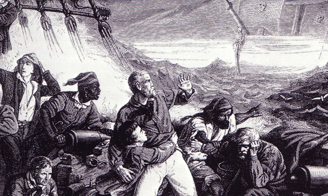 Illustration: The ghostly ship of the Dutchman appears to the Norwegian sailors.