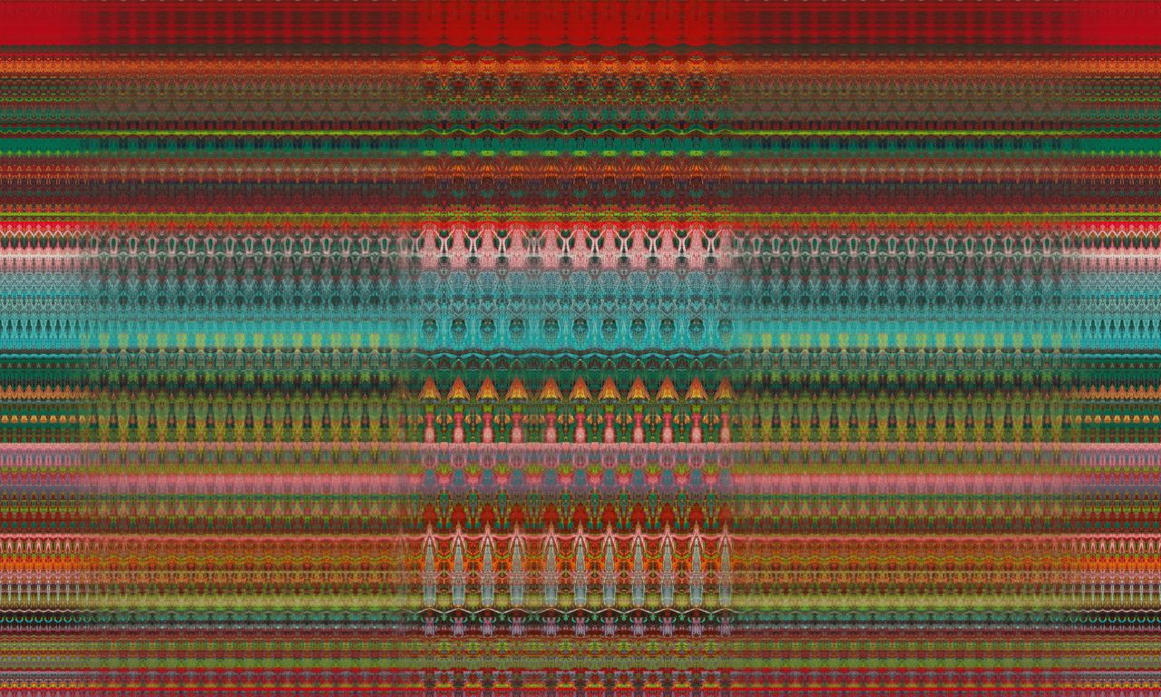 Abstract, symmetrical patterns of red, green, turquoise, pink and gold form intricate horizontal bands, with repeating ornamental shapes and a mirrored central section.