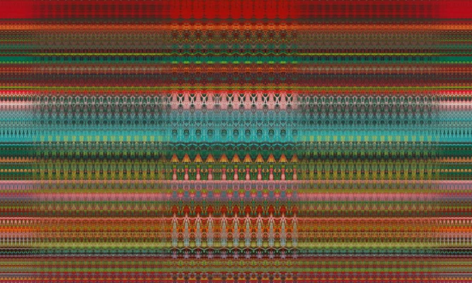 Abstract, symmetrical patterns of red, green, turquoise, pink and gold form intricate horizontal bands, with repeating ornamental shapes and a mirrored central section.