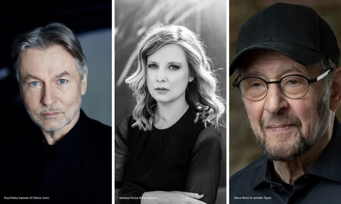 Headshots left to right of composers Esa-Pekka Salonen, Vanessa Perica, and Steve Reich.